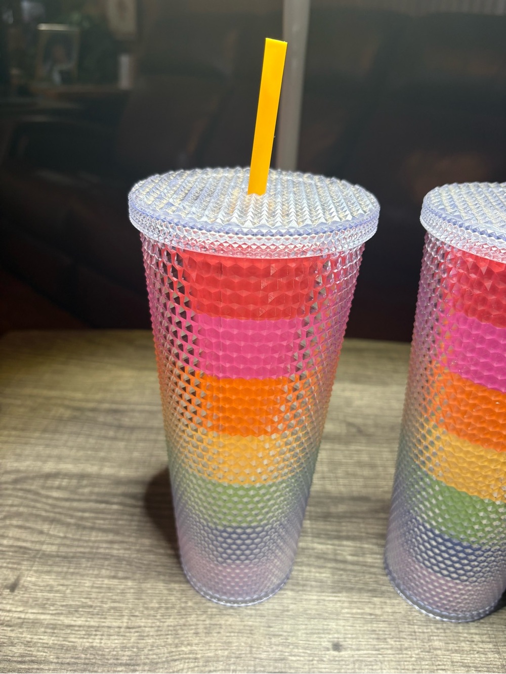 Stylish Clear Studded Tumbler with Rainbow Inserts and Yellow Straw